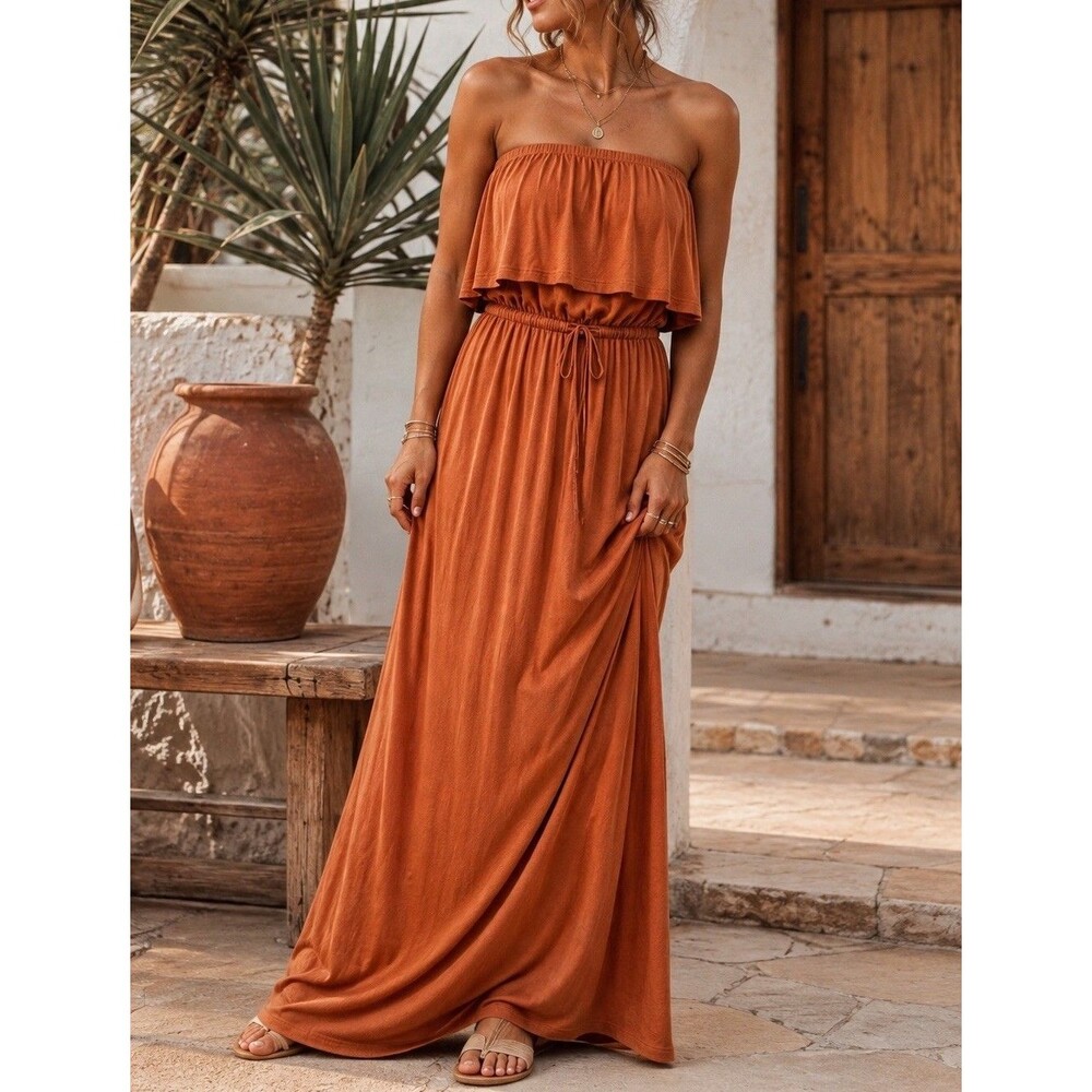 FOREVER 21 Contemporary M Rust Strapless Tube Ruffle Maxi Dress Boho Festival